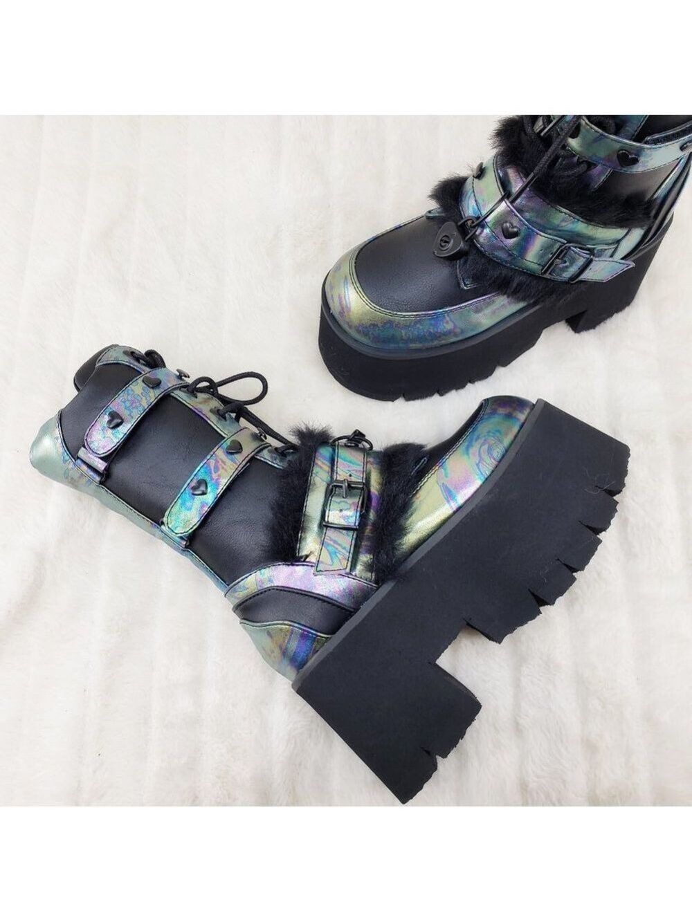 Ash Goth Punk Furry Mid Calf Platform Boots - Picture 3 of 15
